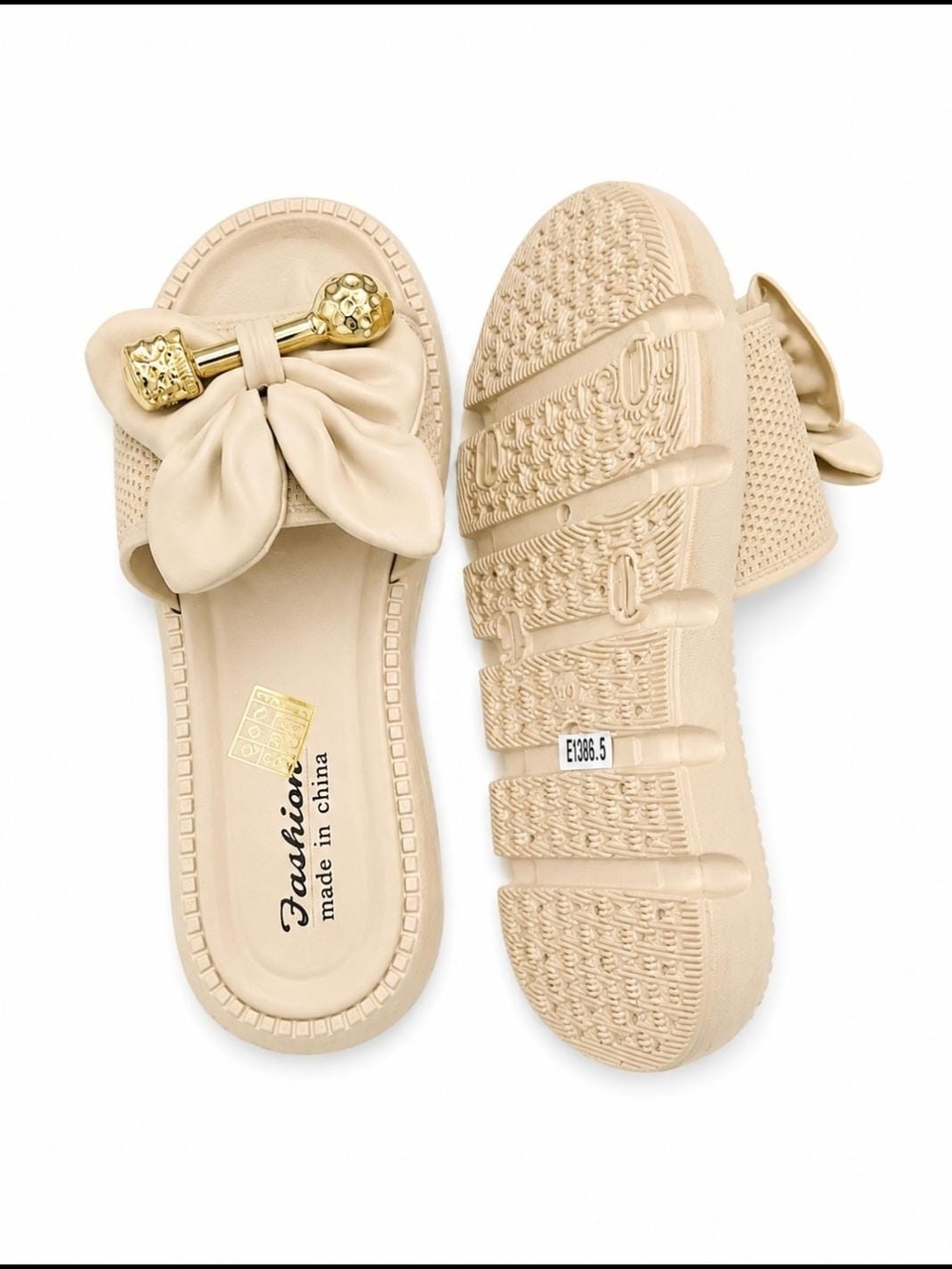 Girls Cream Bow Slide Sandals with Gold Accent